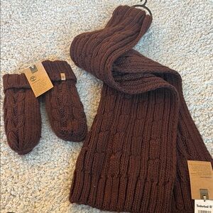 Timberland Brown Knit Scarf and Mittens Set